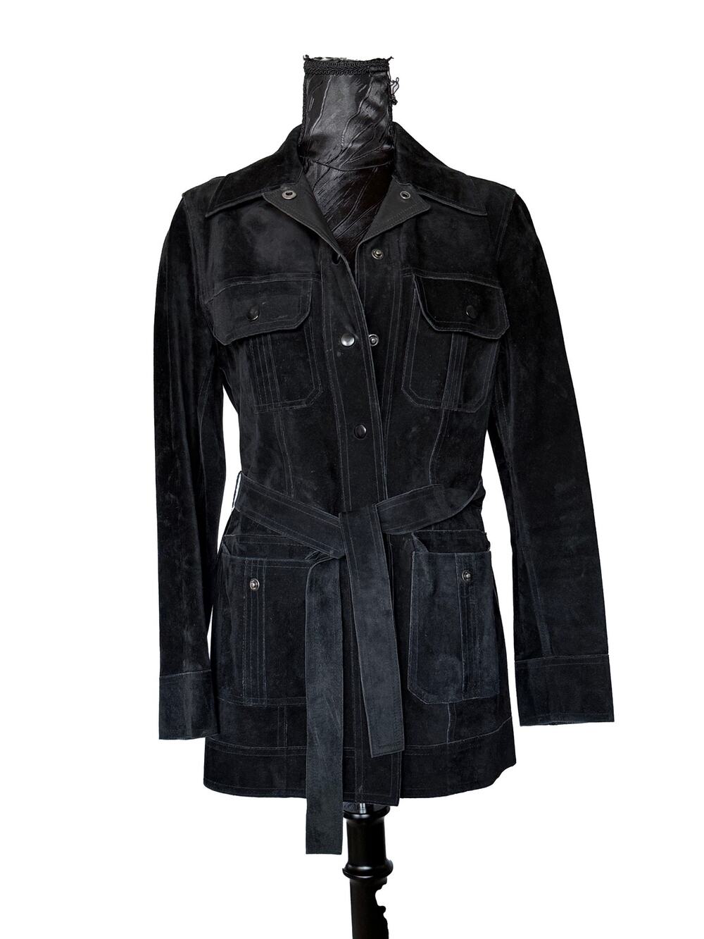 Express World Brand Vintage 90s Black Genuine Suede Belted Coat XS